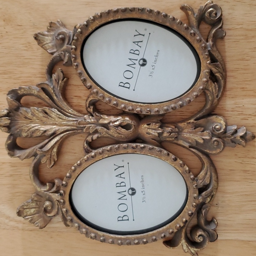 Two Vintage Look Picture Frames Connected Ornate Gold